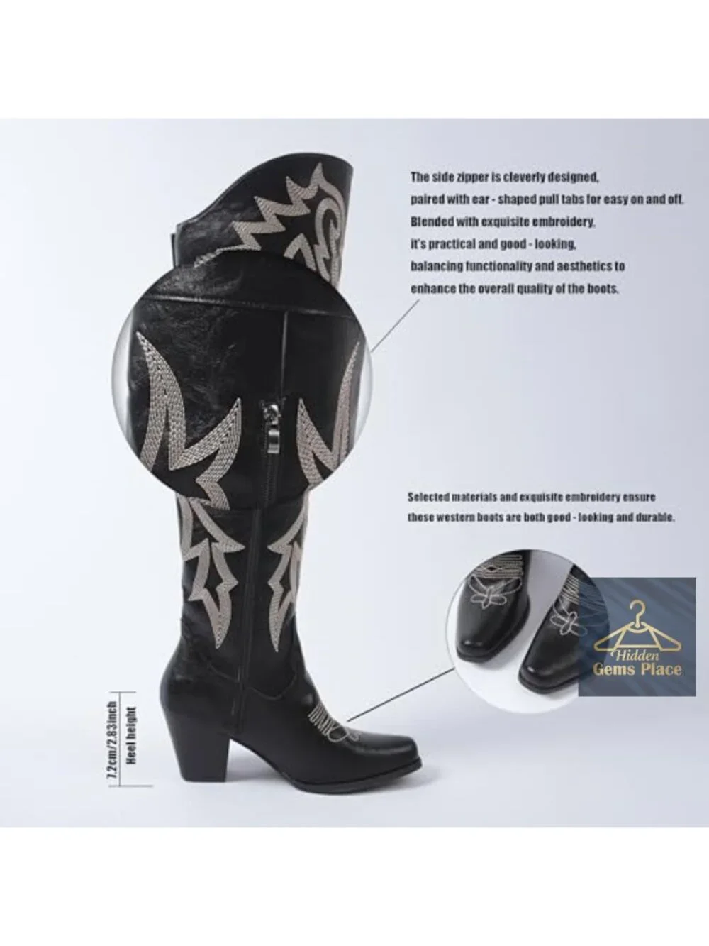 Over-the-Knee Western Cowboy Boots Square Toe PU Leather Embroidered Zipper